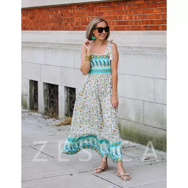 imageZESICA Womens Boho Summer Floral Print Tie Straps Sleeveless Square Neck Smocked Flowy Ruffle A Line Maxi DressLightgreen