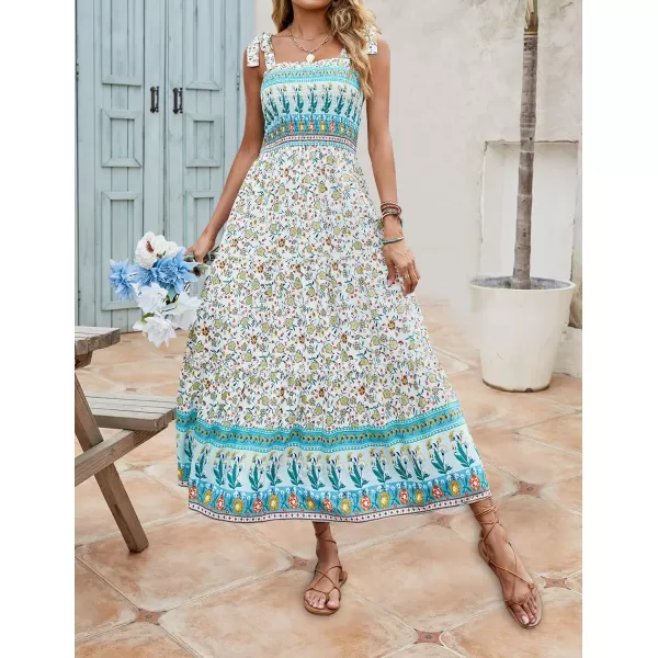 imageZESICA Womens Boho Summer Floral Print Tie Straps Sleeveless Square Neck Smocked Flowy Ruffle A Line Maxi DressLightgreen