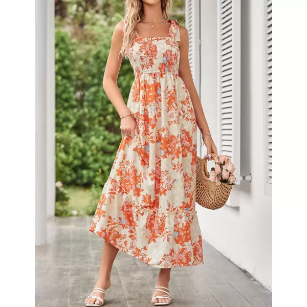 imageZESICA Womens Boho Summer Floral Print Tie Straps Sleeveless Square Neck Smocked Flowy Ruffle A Line Maxi DressLightorange