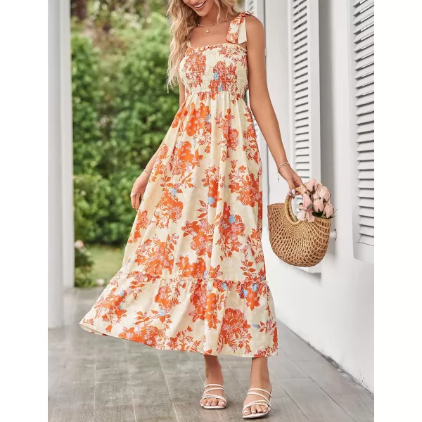 imageZESICA Womens Boho Summer Floral Print Tie Straps Sleeveless Square Neck Smocked Flowy Ruffle A Line Maxi DressLightorange