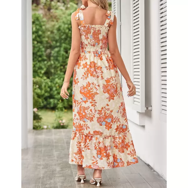 imageZESICA Womens Boho Summer Floral Print Tie Straps Sleeveless Square Neck Smocked Flowy Ruffle A Line Maxi DressLightorange