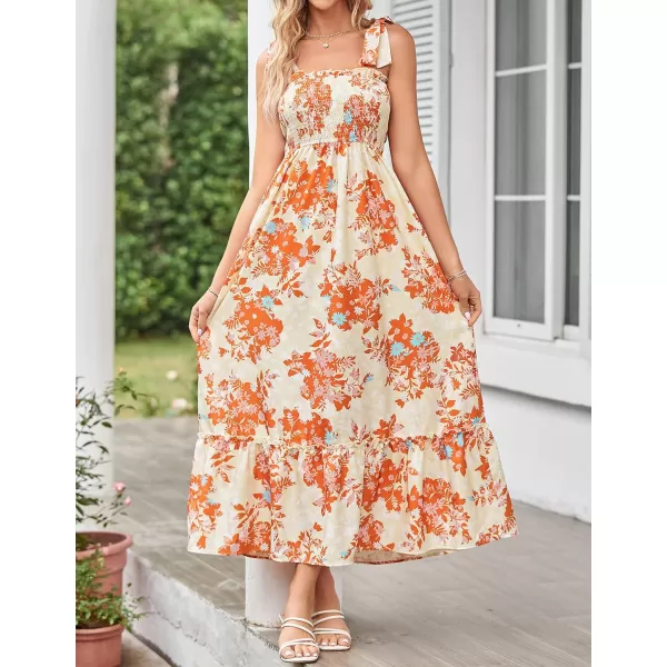 imageZESICA Womens Boho Summer Floral Print Tie Straps Sleeveless Square Neck Smocked Flowy Ruffle A Line Maxi DressLightorange