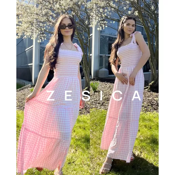 imageZESICA Womens Boho Summer Floral Print Tie Straps Sleeveless Square Neck Smocked Flowy Ruffle A Line Maxi DressLightpink
