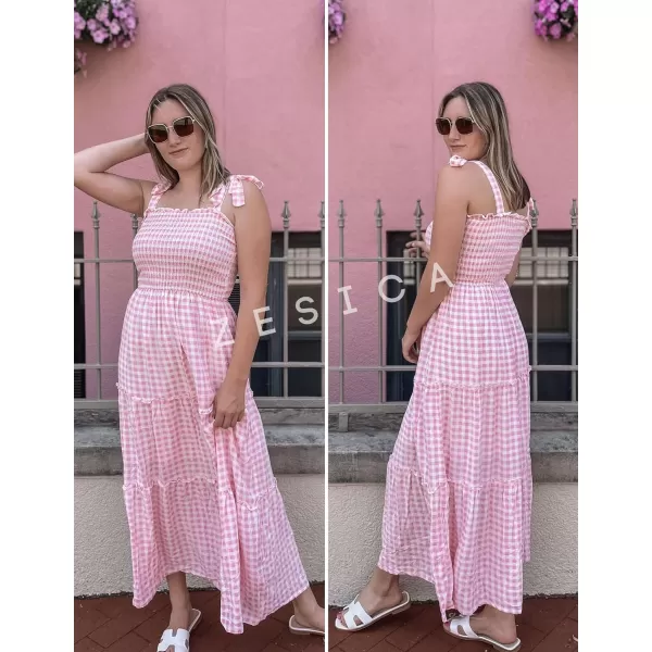imageZESICA Womens Boho Summer Floral Print Tie Straps Sleeveless Square Neck Smocked Flowy Ruffle A Line Maxi DressLightpink
