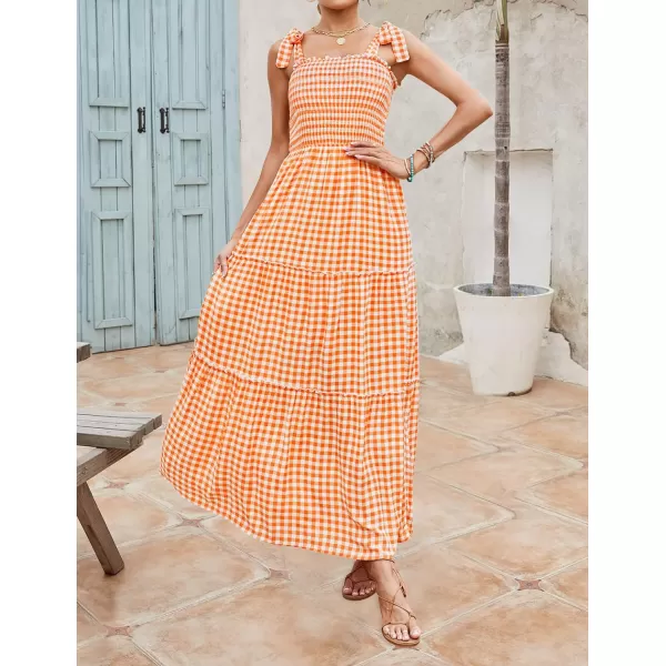 imageZESICA Womens Boho Summer Floral Print Tie Straps Sleeveless Square Neck Smocked Flowy Ruffle A Line Maxi DressOrange
