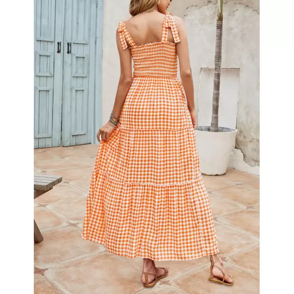 imageZESICA Womens Boho Summer Floral Print Tie Straps Sleeveless Square Neck Smocked Flowy Ruffle A Line Maxi DressOrange