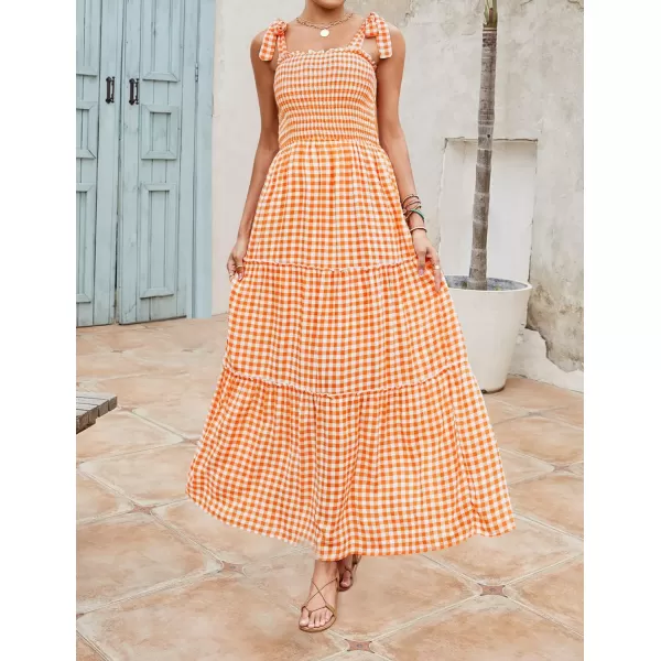 imageZESICA Womens Boho Summer Floral Print Tie Straps Sleeveless Square Neck Smocked Flowy Ruffle A Line Maxi DressOrange