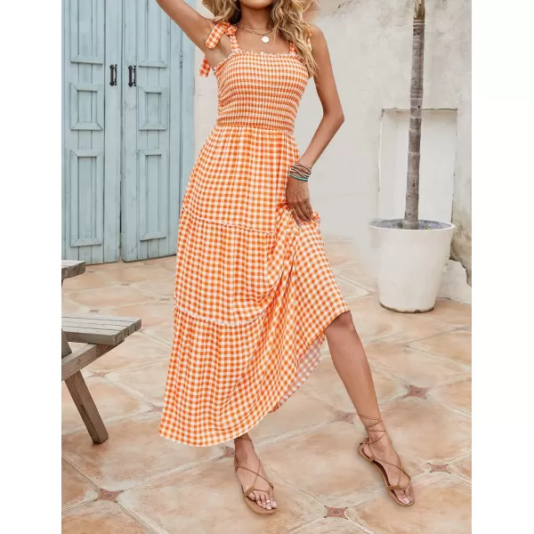 imageZESICA Womens Boho Summer Floral Print Tie Straps Sleeveless Square Neck Smocked Flowy Ruffle A Line Maxi DressOrange