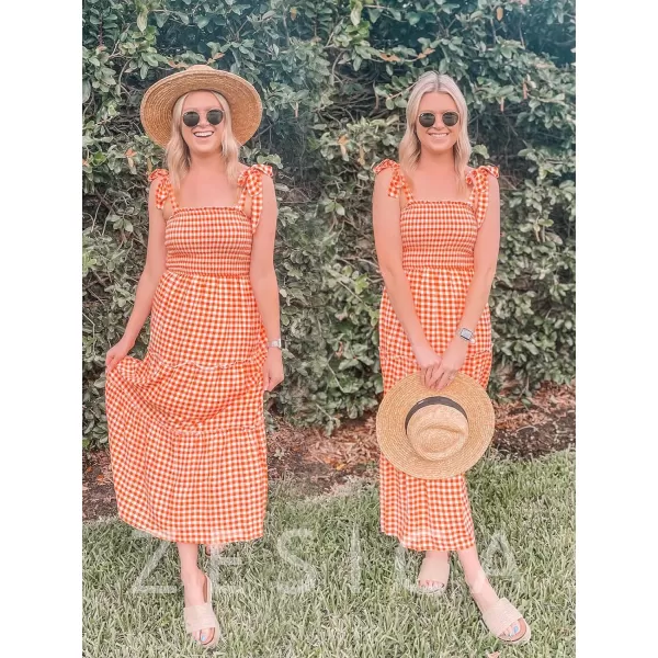 imageZESICA Womens Boho Summer Floral Print Tie Straps Sleeveless Square Neck Smocked Flowy Ruffle A Line Maxi DressOrange
