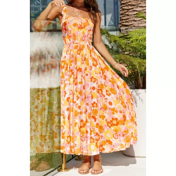 imageZESICA Womens Boho Summer Floral Print Tie Straps Sleeveless Square Neck Smocked Flowy Ruffle A Line Maxi DressOrangeyellow