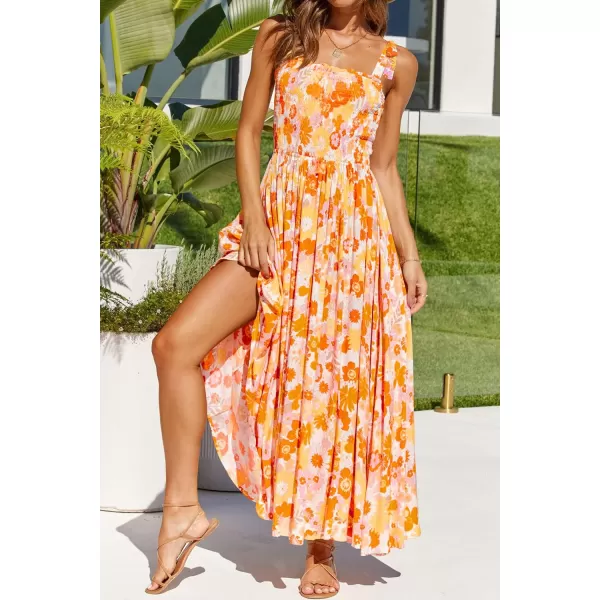imageZESICA Womens Boho Summer Floral Print Tie Straps Sleeveless Square Neck Smocked Flowy Ruffle A Line Maxi DressOrangeyellow