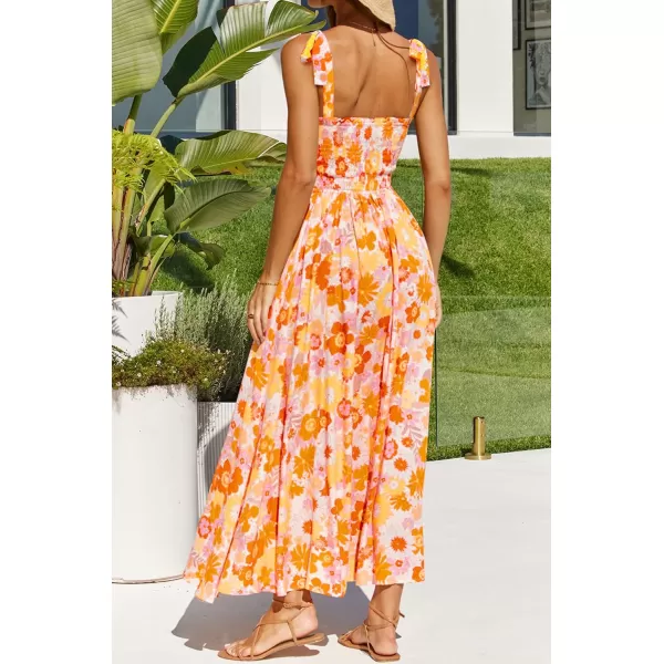 imageZESICA Womens Boho Summer Floral Print Tie Straps Sleeveless Square Neck Smocked Flowy Ruffle A Line Maxi DressOrangeyellow