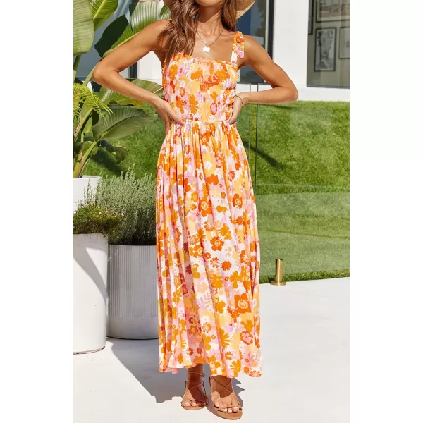imageZESICA Womens Boho Summer Floral Print Tie Straps Sleeveless Square Neck Smocked Flowy Ruffle A Line Maxi DressOrangeyellow