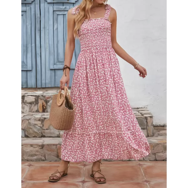 imageZESICA Womens Boho Summer Floral Print Tie Straps Sleeveless Square Neck Smocked Flowy Ruffle A Line Maxi DressPink