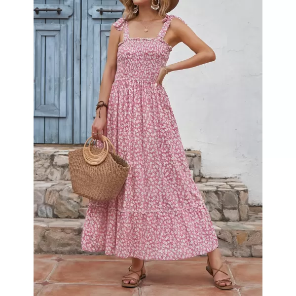 imageZESICA Womens Boho Summer Floral Print Tie Straps Sleeveless Square Neck Smocked Flowy Ruffle A Line Maxi DressPink