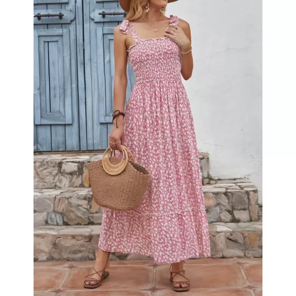 imageZESICA Womens Boho Summer Floral Print Tie Straps Sleeveless Square Neck Smocked Flowy Ruffle A Line Maxi DressPink