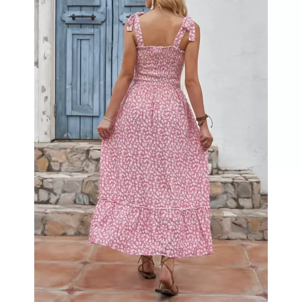 imageZESICA Womens Boho Summer Floral Print Tie Straps Sleeveless Square Neck Smocked Flowy Ruffle A Line Maxi DressPink