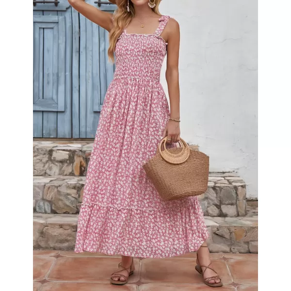 imageZESICA Womens Boho Summer Floral Print Tie Straps Sleeveless Square Neck Smocked Flowy Ruffle A Line Maxi DressPink