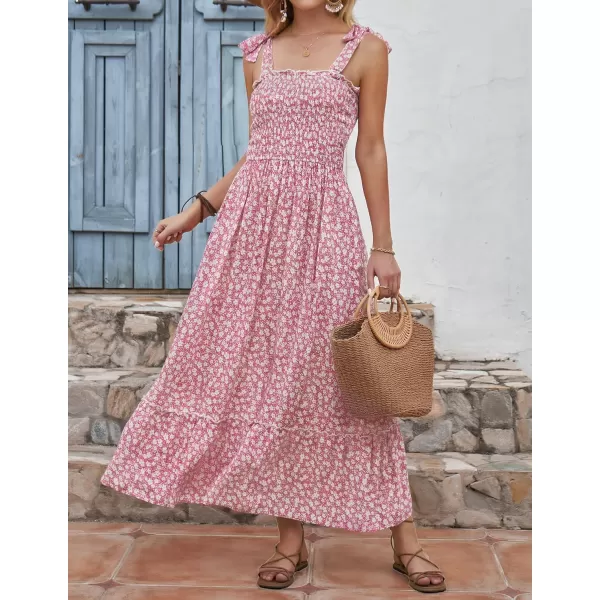 imageZESICA Womens Boho Summer Floral Print Tie Straps Sleeveless Square Neck Smocked Flowy Ruffle A Line Maxi DressPink