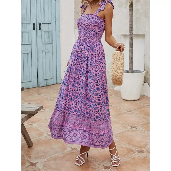 imageZESICA Womens Boho Summer Floral Print Tie Straps Sleeveless Square Neck Smocked Flowy Ruffle A Line Maxi DressPurple