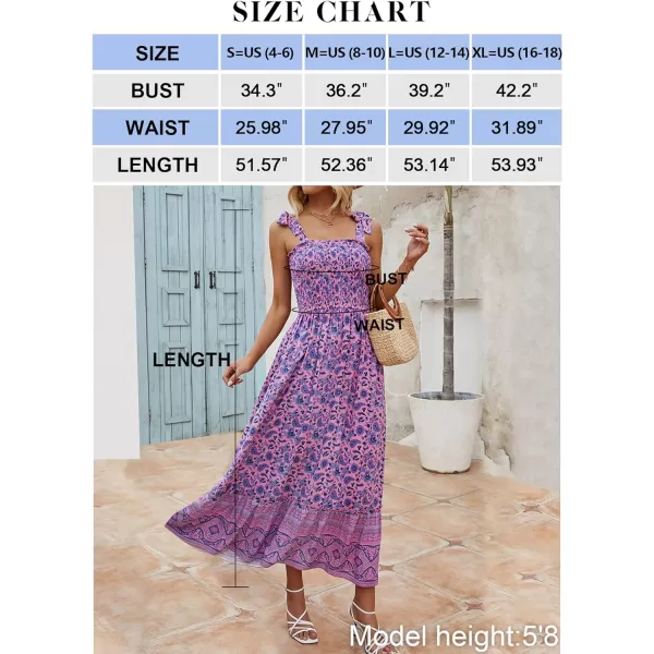 imageZESICA Womens Boho Summer Floral Print Tie Straps Sleeveless Square Neck Smocked Flowy Ruffle A Line Maxi DressPurple