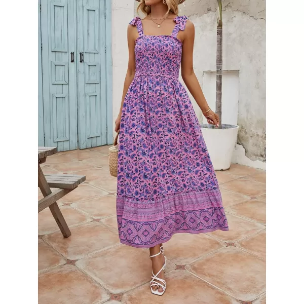 imageZESICA Womens Boho Summer Floral Print Tie Straps Sleeveless Square Neck Smocked Flowy Ruffle A Line Maxi DressPurple