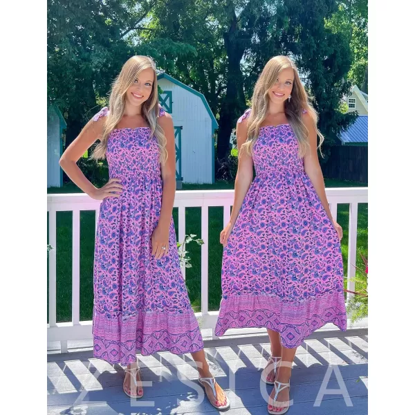 imageZESICA Womens Boho Summer Floral Print Tie Straps Sleeveless Square Neck Smocked Flowy Ruffle A Line Maxi DressPurple
