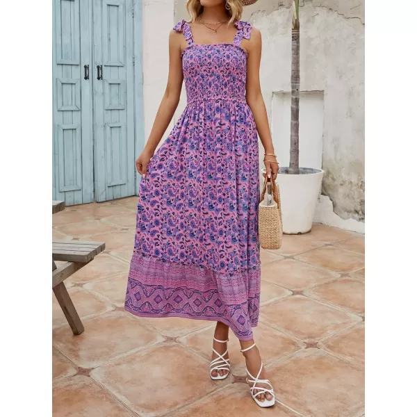 imageZESICA Womens Boho Summer Floral Print Tie Straps Sleeveless Square Neck Smocked Flowy Ruffle A Line Maxi DressPurple