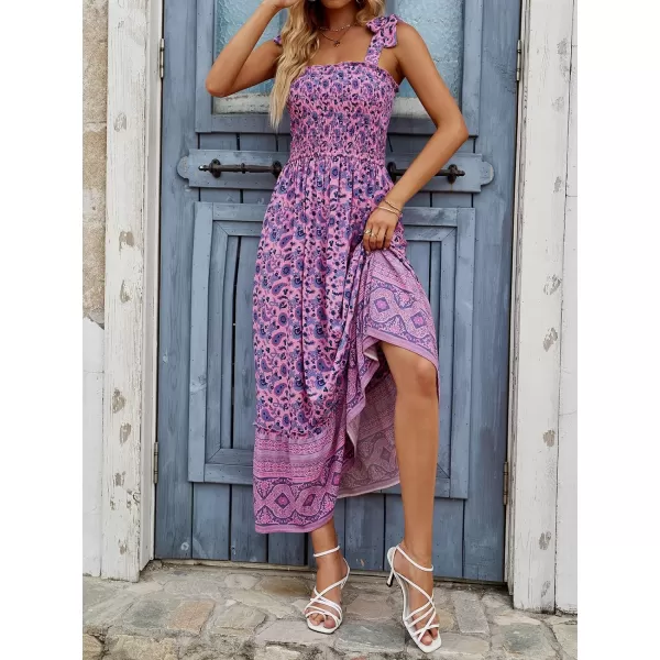 imageZESICA Womens Boho Summer Floral Print Tie Straps Sleeveless Square Neck Smocked Flowy Ruffle A Line Maxi DressPurple