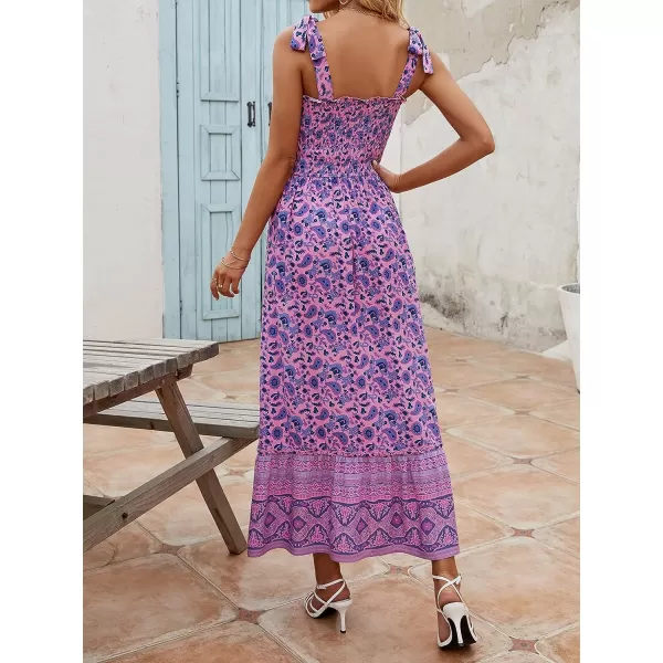 imageZESICA Womens Boho Summer Floral Print Tie Straps Sleeveless Square Neck Smocked Flowy Ruffle A Line Maxi DressPurple
