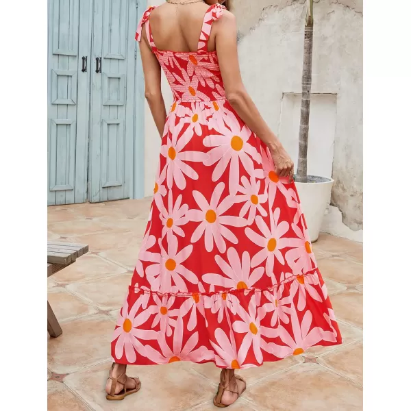imageZESICA Womens Boho Summer Floral Print Tie Straps Sleeveless Square Neck Smocked Flowy Ruffle A Line Maxi DressRed