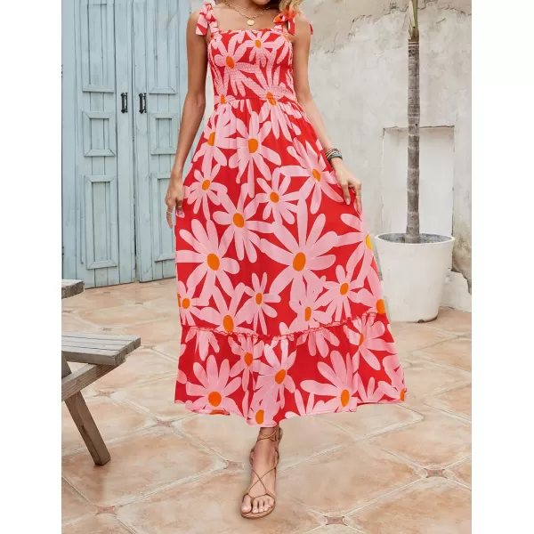 imageZESICA Womens Boho Summer Floral Print Tie Straps Sleeveless Square Neck Smocked Flowy Ruffle A Line Maxi DressRed