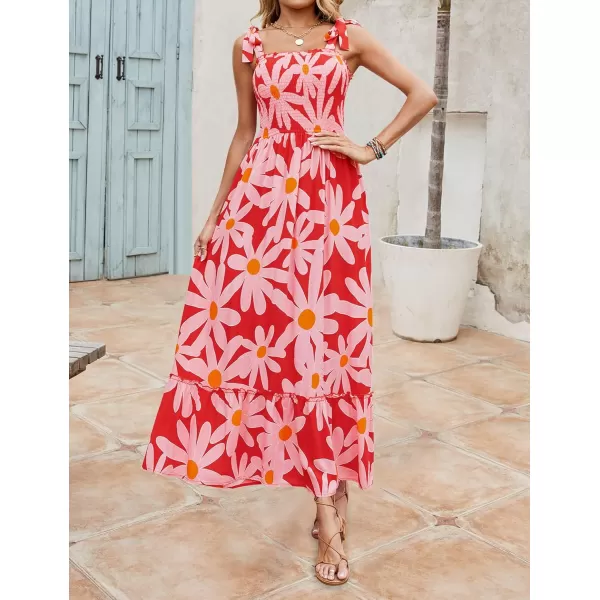 imageZESICA Womens Boho Summer Floral Print Tie Straps Sleeveless Square Neck Smocked Flowy Ruffle A Line Maxi DressRed