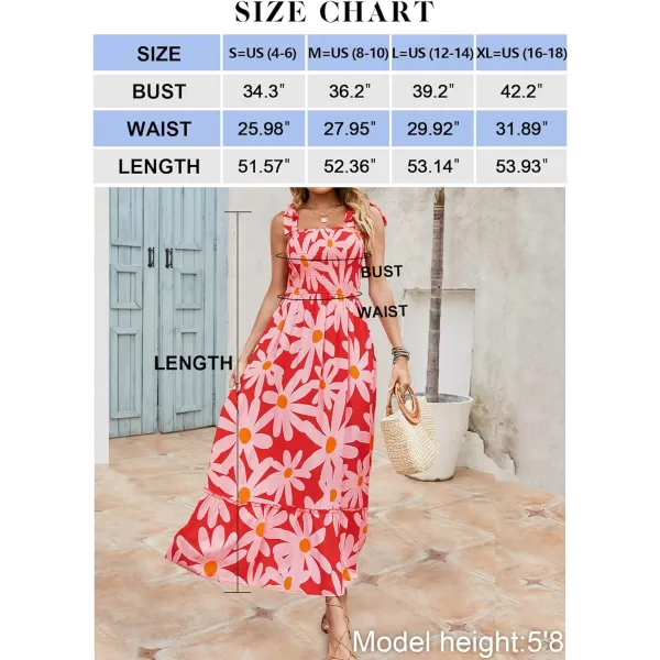 imageZESICA Womens Boho Summer Floral Print Tie Straps Sleeveless Square Neck Smocked Flowy Ruffle A Line Maxi DressRed