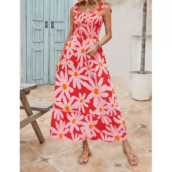 imageZESICA Womens Boho Summer Floral Print Tie Straps Sleeveless Square Neck Smocked Flowy Ruffle A Line Maxi DressRed