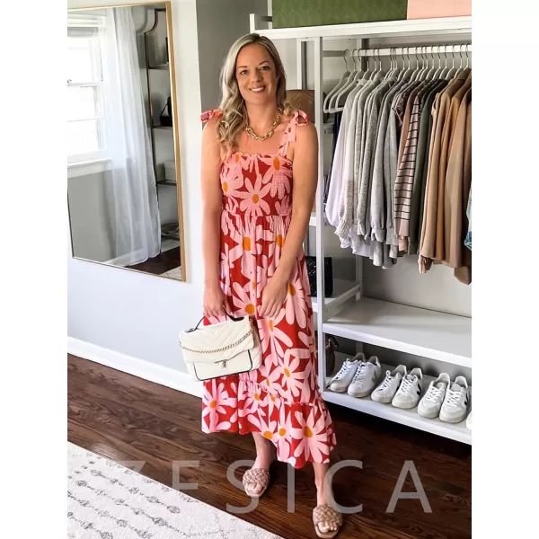imageZESICA Womens Boho Summer Floral Print Tie Straps Sleeveless Square Neck Smocked Flowy Ruffle A Line Maxi DressRed