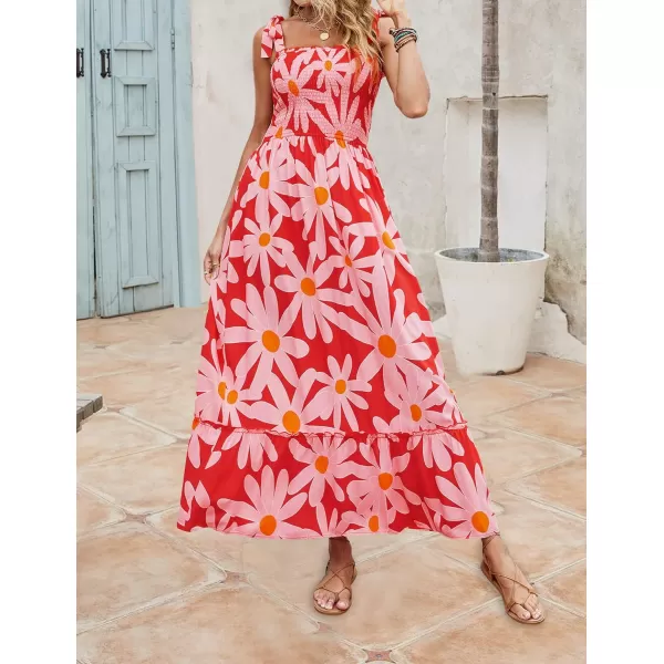 imageZESICA Womens Boho Summer Floral Print Tie Straps Sleeveless Square Neck Smocked Flowy Ruffle A Line Maxi DressRed