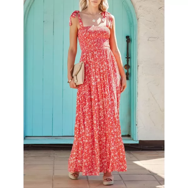 imageZESICA Womens Boho Summer Floral Print Tie Straps Sleeveless Square Neck Smocked Flowy Ruffle A Line Maxi DressTangerine