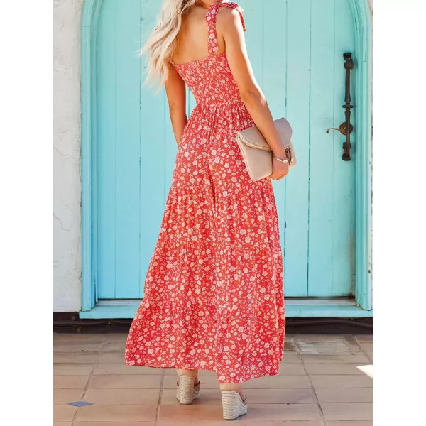 imageZESICA Womens Boho Summer Floral Print Tie Straps Sleeveless Square Neck Smocked Flowy Ruffle A Line Maxi DressTangerine