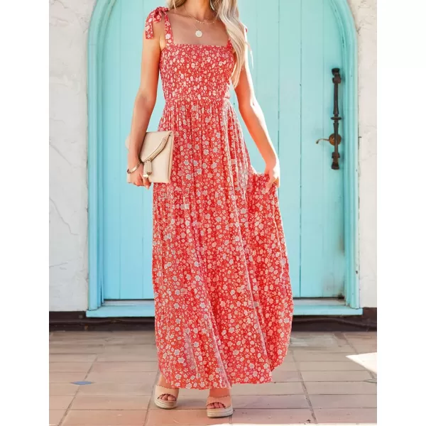 imageZESICA Womens Boho Summer Floral Print Tie Straps Sleeveless Square Neck Smocked Flowy Ruffle A Line Maxi DressTangerine