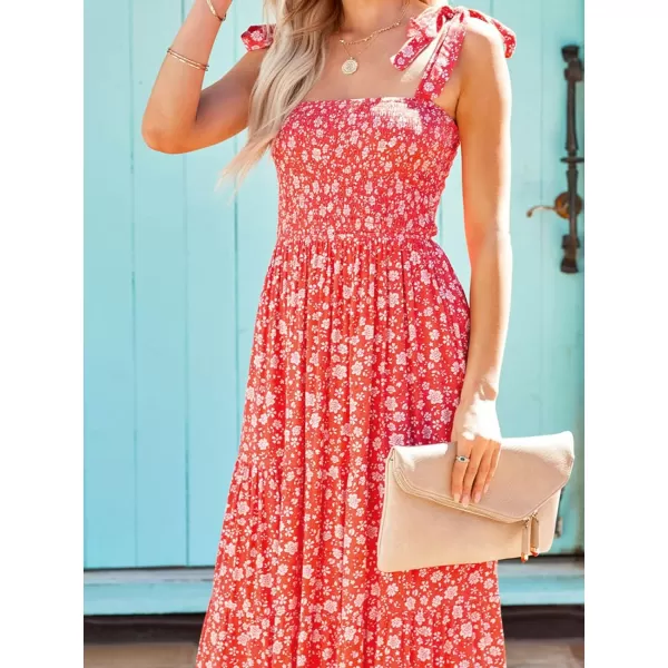 imageZESICA Womens Boho Summer Floral Print Tie Straps Sleeveless Square Neck Smocked Flowy Ruffle A Line Maxi DressTangerine