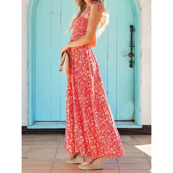 imageZESICA Womens Boho Summer Floral Print Tie Straps Sleeveless Square Neck Smocked Flowy Ruffle A Line Maxi DressTangerine