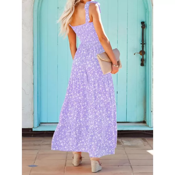 imageZESICA Womens Boho Summer Floral Print Tie Straps Sleeveless Square Neck Smocked Flowy Ruffle A Line Maxi DressViolet