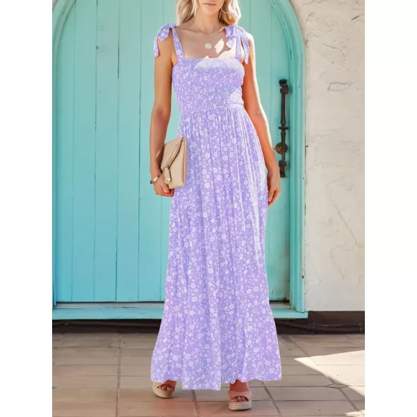 imageZESICA Womens Boho Summer Floral Print Tie Straps Sleeveless Square Neck Smocked Flowy Ruffle A Line Maxi DressViolet