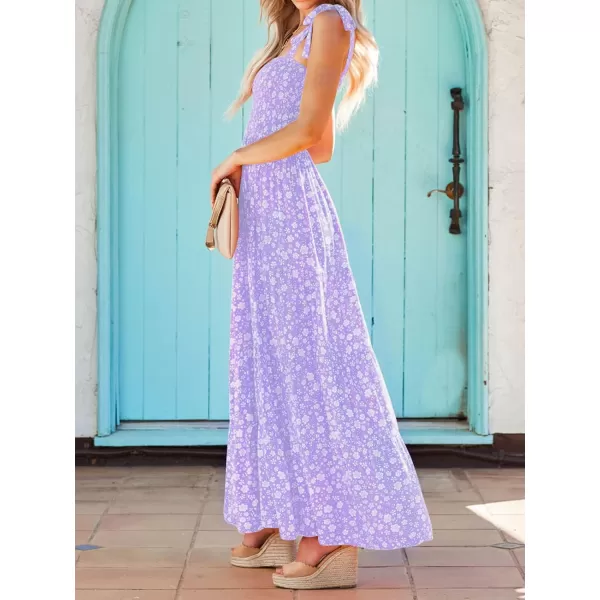 imageZESICA Womens Boho Summer Floral Print Tie Straps Sleeveless Square Neck Smocked Flowy Ruffle A Line Maxi DressViolet