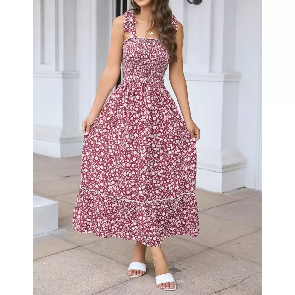 imageZESICA Womens Boho Summer Floral Print Tie Straps Sleeveless Square Neck Smocked Flowy Ruffle A Line Maxi DressWine