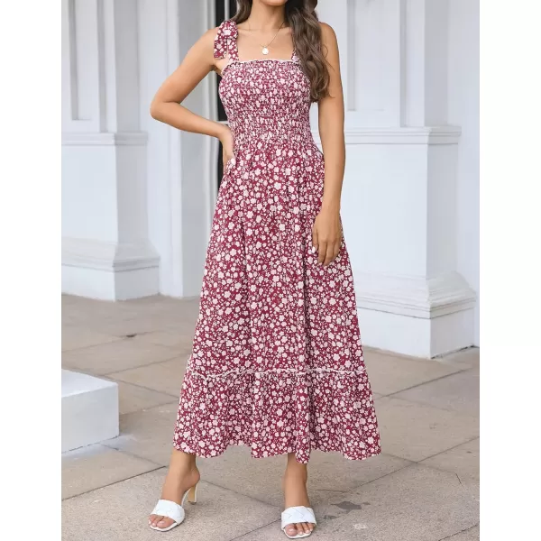 imageZESICA Womens Boho Summer Floral Print Tie Straps Sleeveless Square Neck Smocked Flowy Ruffle A Line Maxi DressWine