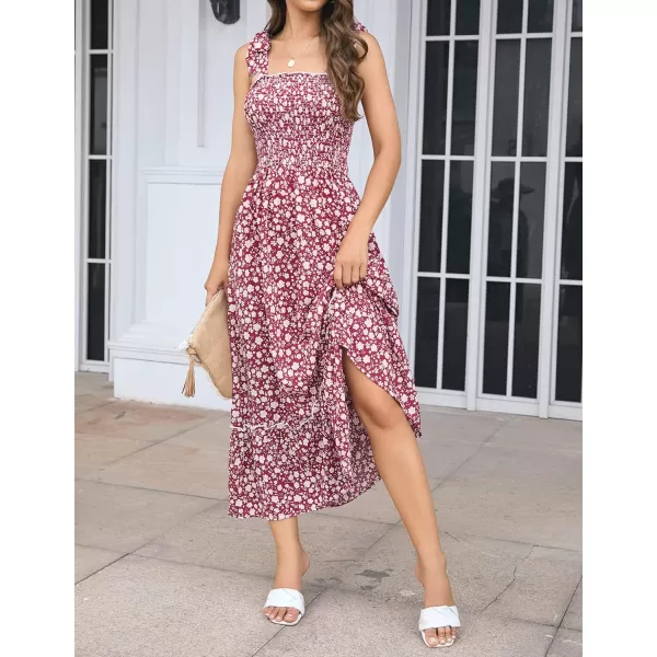 imageZESICA Womens Boho Summer Floral Print Tie Straps Sleeveless Square Neck Smocked Flowy Ruffle A Line Maxi DressWine