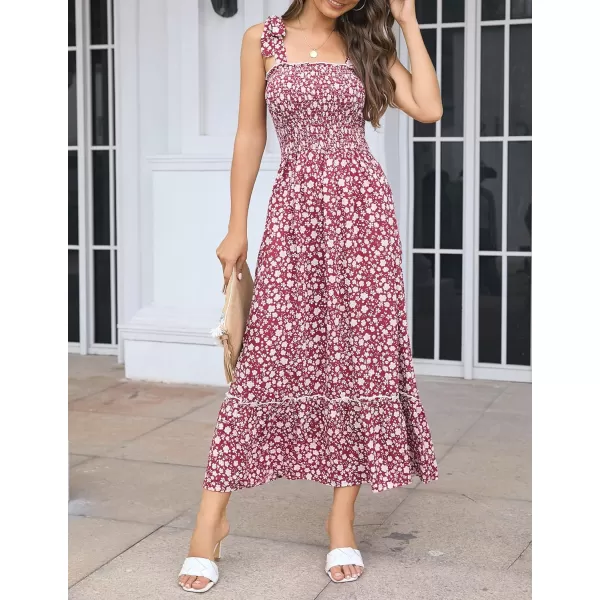 imageZESICA Womens Boho Summer Floral Print Tie Straps Sleeveless Square Neck Smocked Flowy Ruffle A Line Maxi DressWine