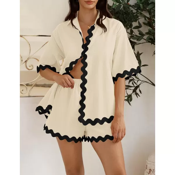 imageZESICA Womens Button Down Pajama Set Line Short Sleeve Shirt and Shorts Pj Lounge Sets Sleepwear with PocketsApricot